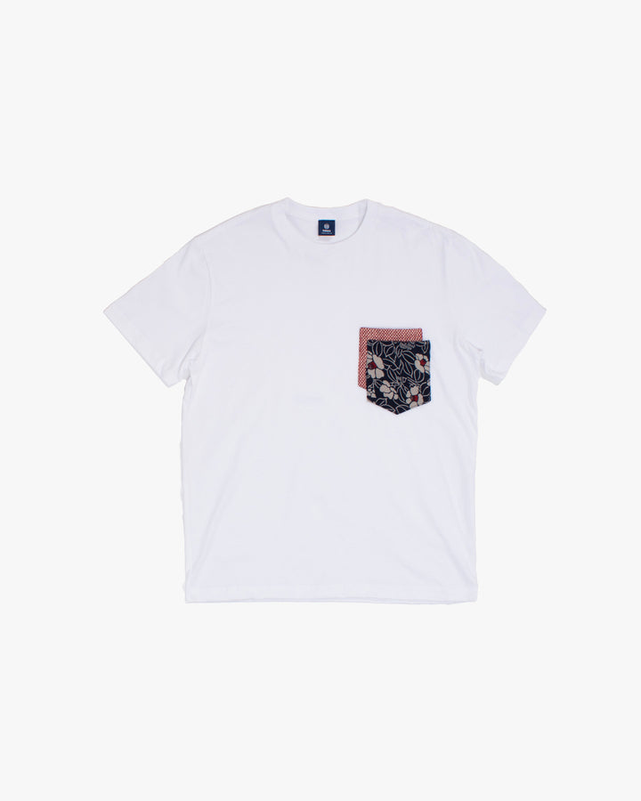 Kiriko Original Tee, 8 oz. US Made, Double Pocket Tee, White, Tsubaki and Red Shibori Style