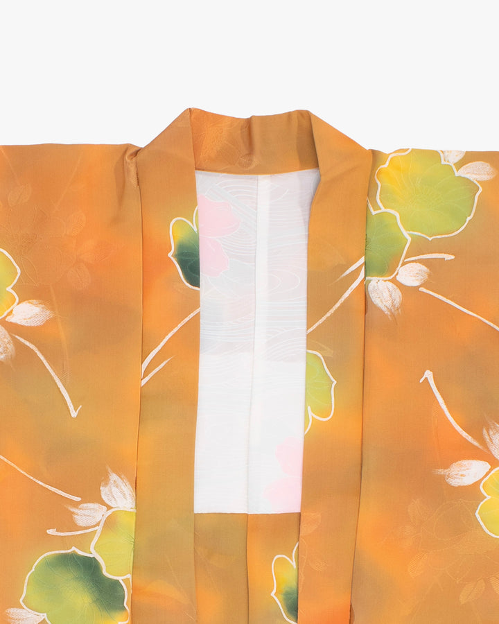 Vintage Haori Jacket, Orange with Green Flowers
