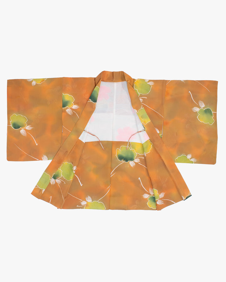 Vintage Haori Jacket, Orange with Green Flowers