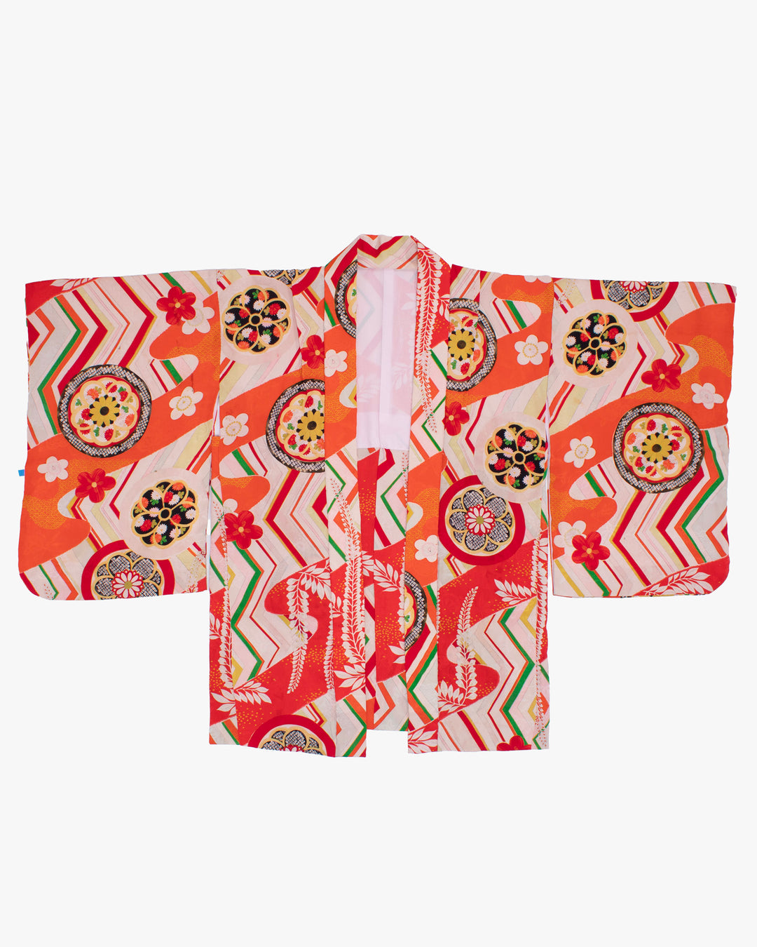 Vintage Haori Jacket, Yuzen, Orange Red with Floral Temari