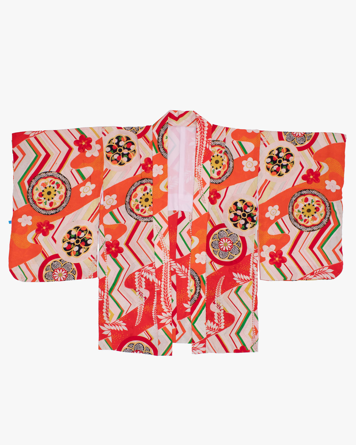 Vintage Haori Jacket, Yuzen, Orange Red with Floral Temari