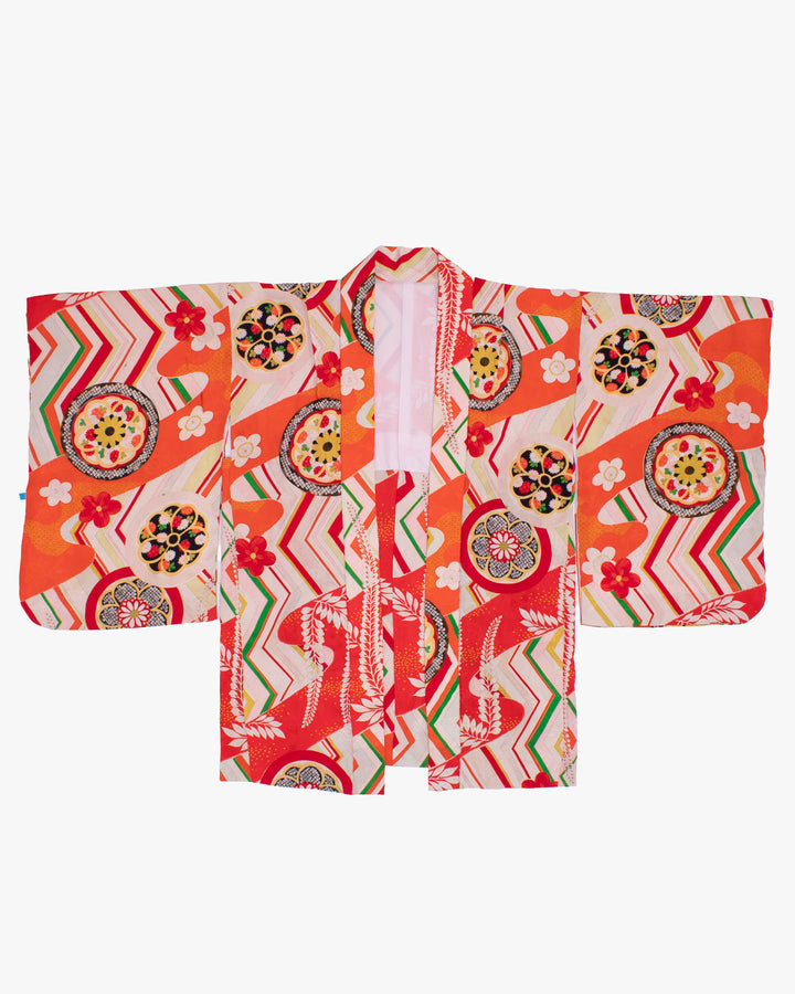 Vintage Haori Jacket, Yuzen, Orange Red with Floral Temari