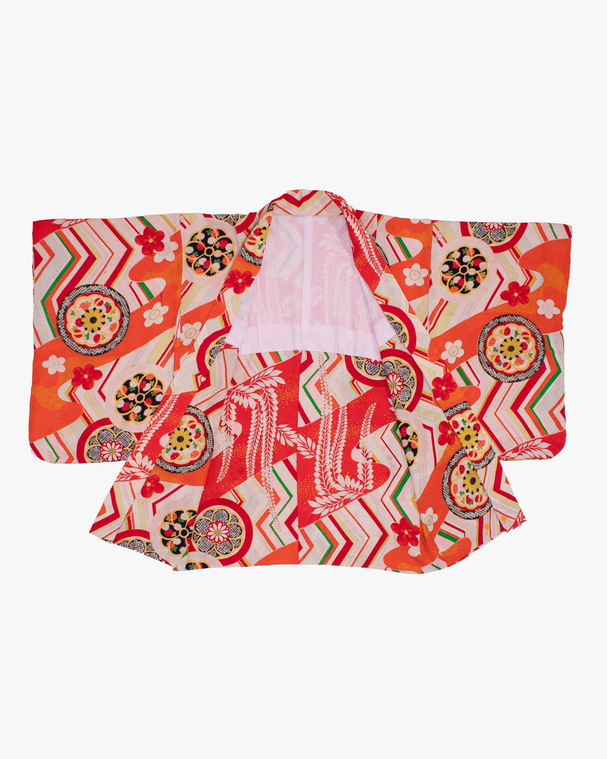 Vintage Haori Jacket, Yuzen, Orange Red with Floral Temari