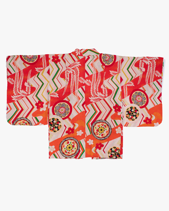 Vintage Haori Jacket, Yuzen, Orange Red with Floral Temari