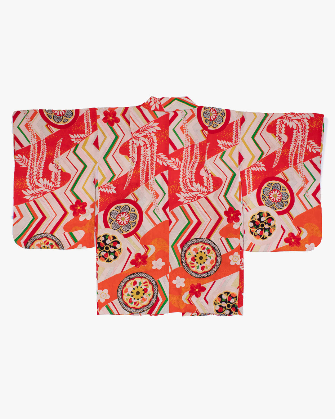 Vintage Haori Jacket, Yuzen, Orange Red with Floral Temari