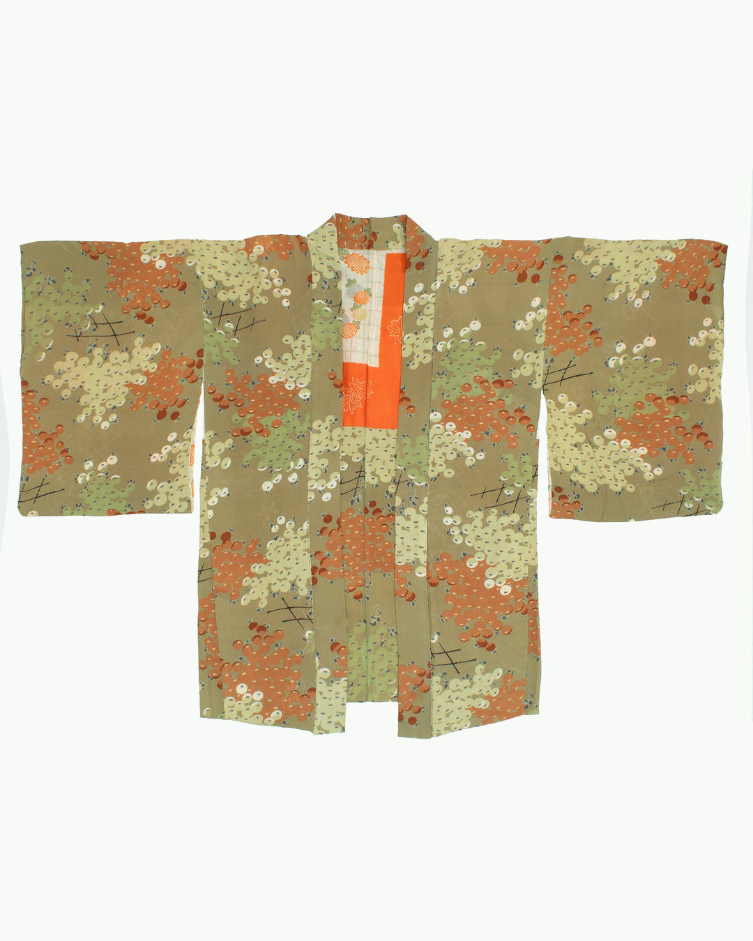Vintage Haori Jacket, Sage with Berries with Orange Lining