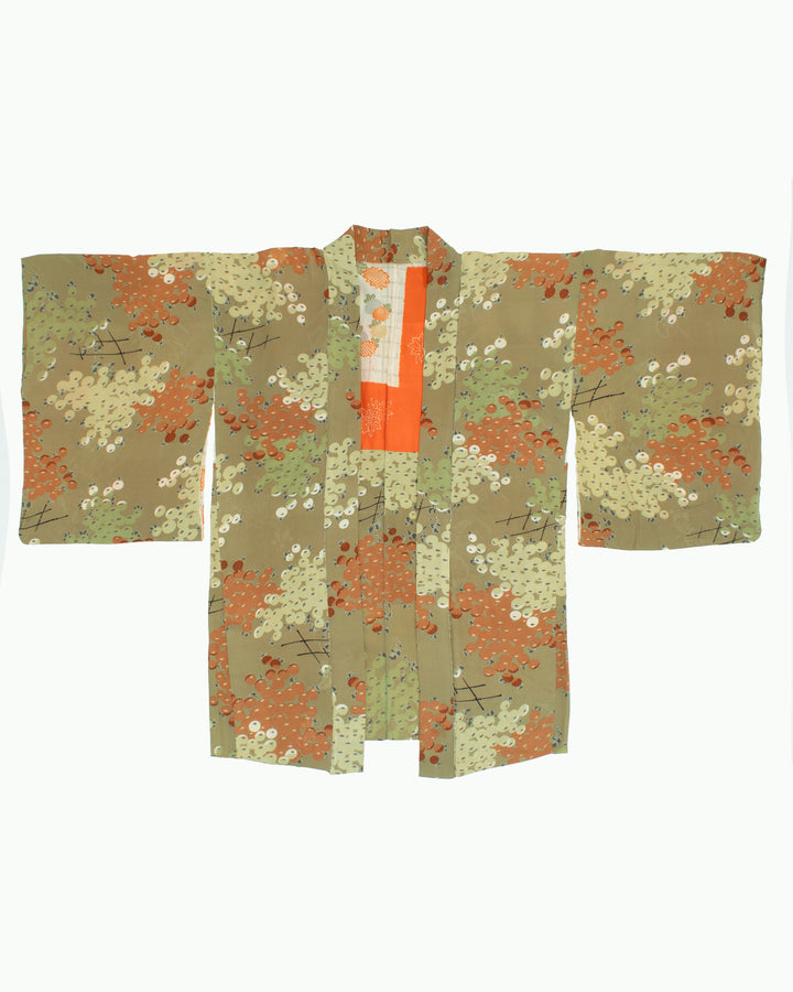 Vintage Haori Jacket, Sage with Berries with Orange Lining