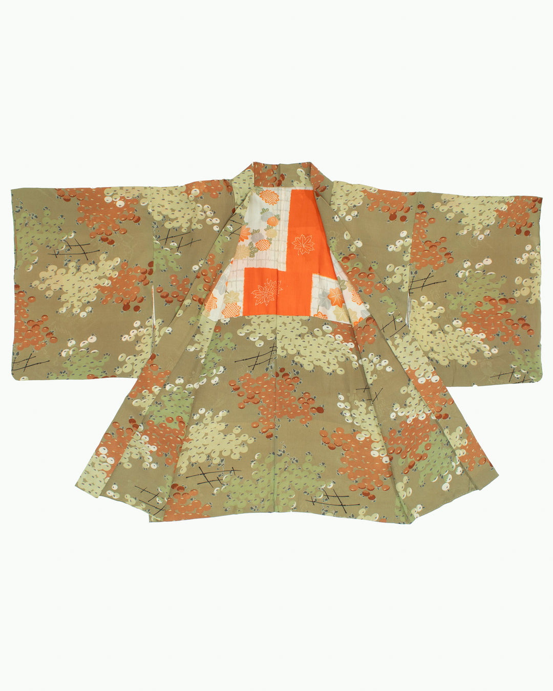 Vintage Haori Jacket, Sage with Berries with Orange Lining