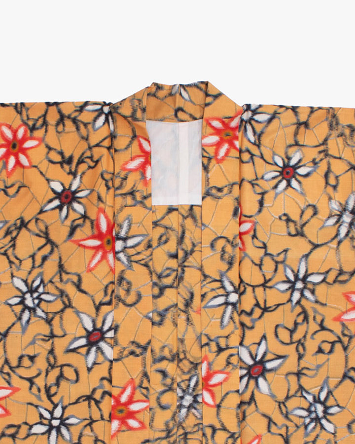 Vintage Haori Jacket, Meisen, Orange with Black and Red Flowers