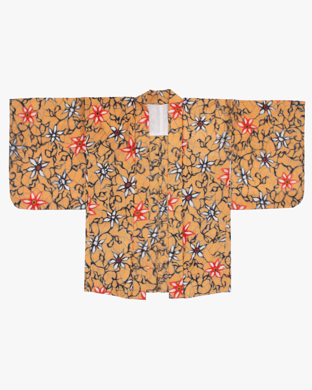 Vintage Haori Jacket, Meisen, Orange with Black and Red Flowers