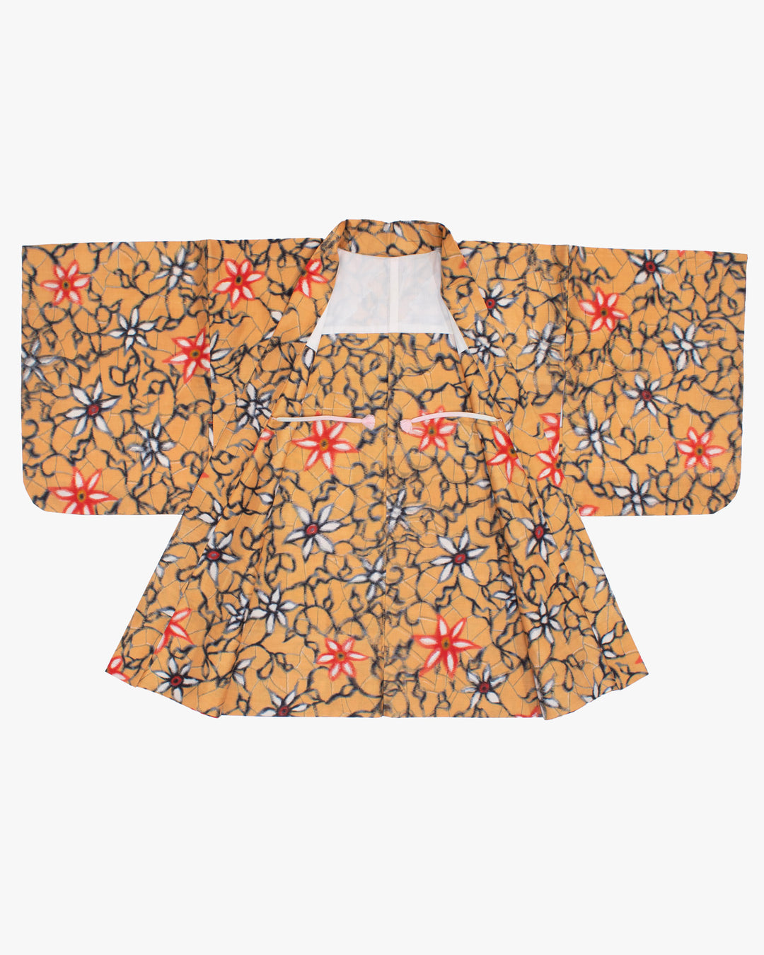 Vintage Haori Jacket, Meisen, Orange with Black and Red Flowers