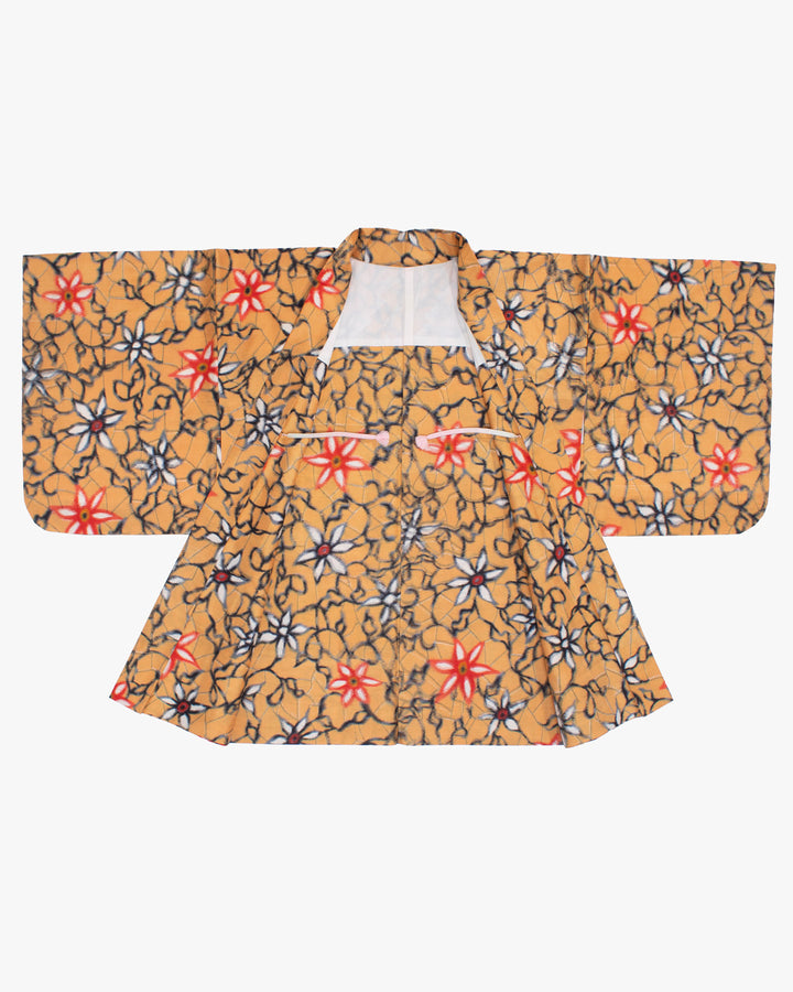 Vintage Haori Jacket, Meisen, Orange with Black and Red Flowers