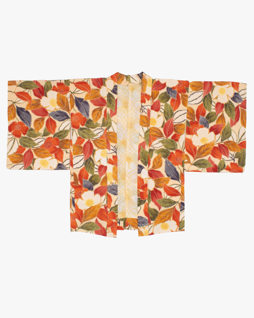 Vintage Haori Jacket, Yellow with Olive and Orange Leaves
