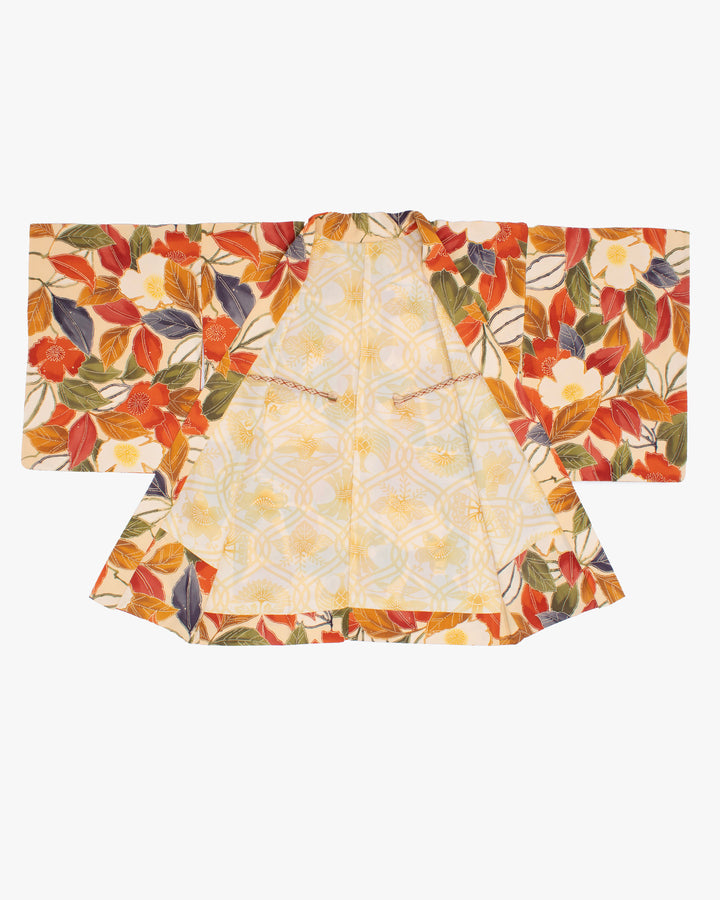 Vintage Haori Jacket, Yellow with Olive and Orange Leaves