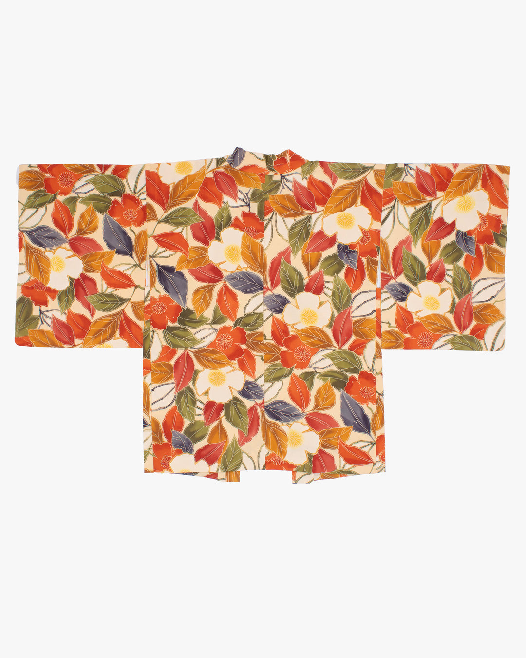 Vintage Haori Jacket, Yellow with Olive and Orange Leaves