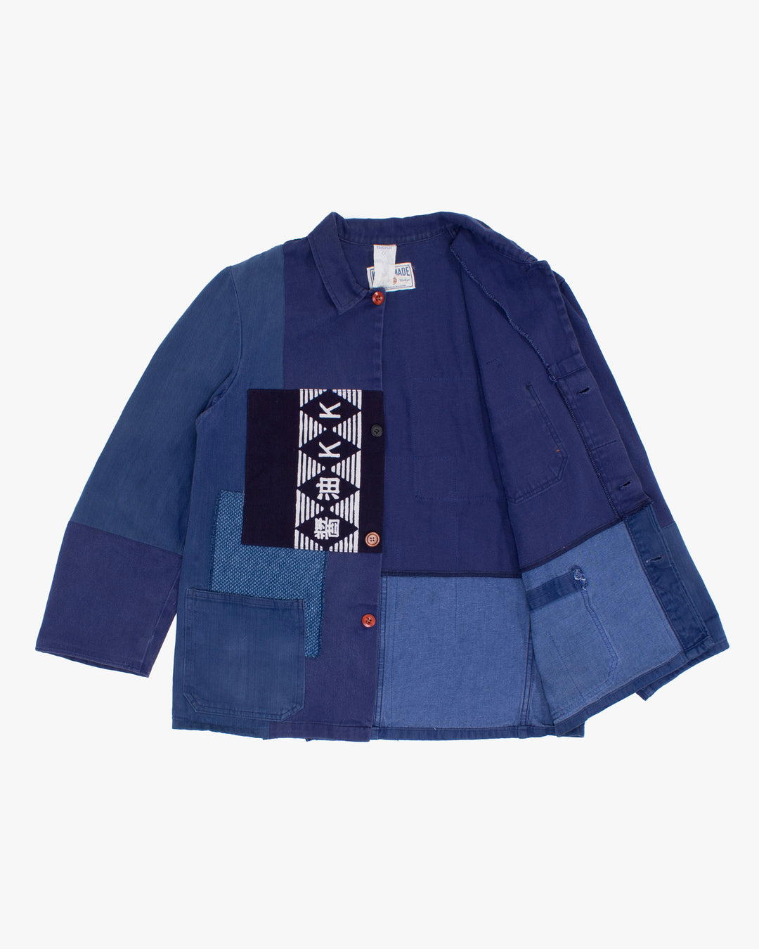 Kiriko Custom, One of a Kind Patched French Workman Jacket, Blue Patched Apron Fabric - 19