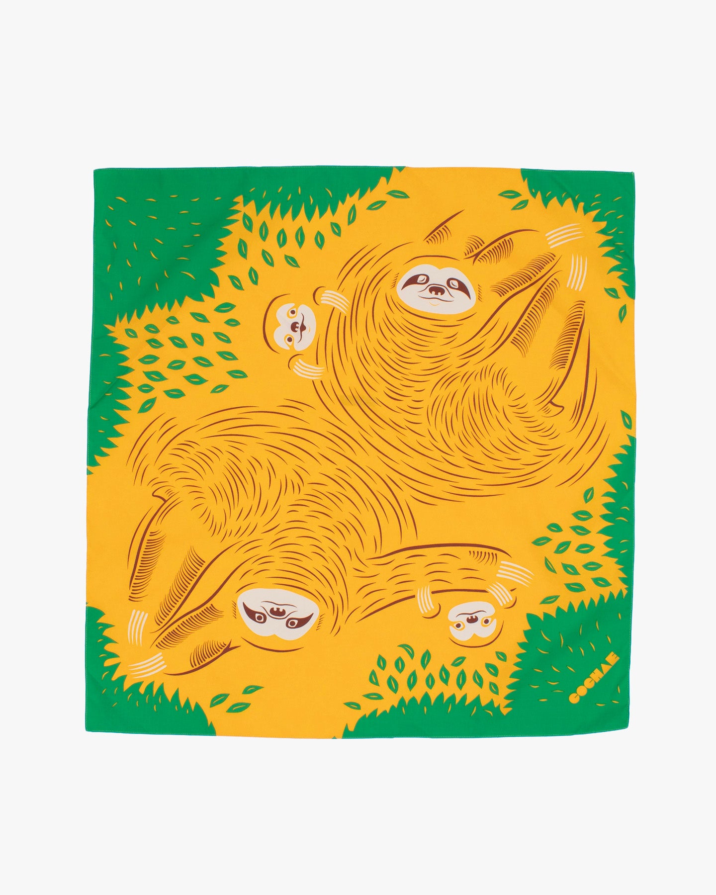 Modern Furoshiki, Musubi, Aquadrop, Water Repellent, Sloth on Yellow, 27.5" x 27.5"