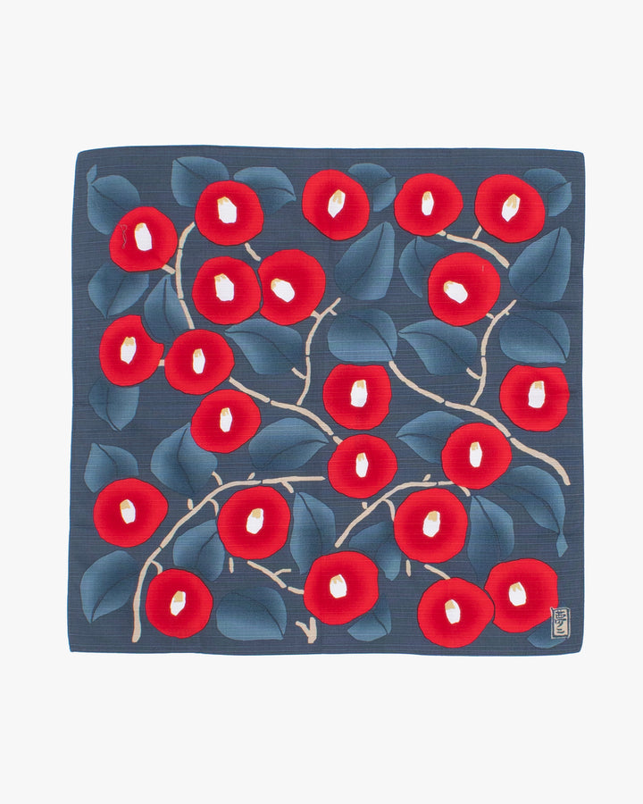 Modern Furoshiki, Musubi, Yumeji Takehisa, Camellia Bordeaux, Dark Gray and Red, 19 x 19