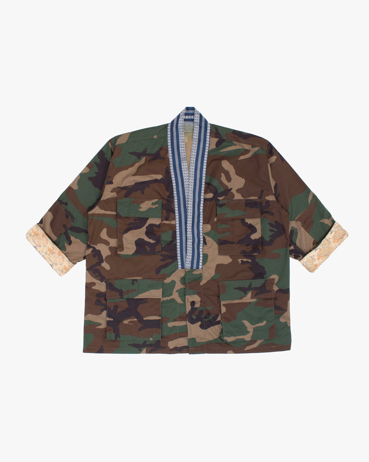 Kiriko Custom Military Jacket, Camo Patched, Blue Trim