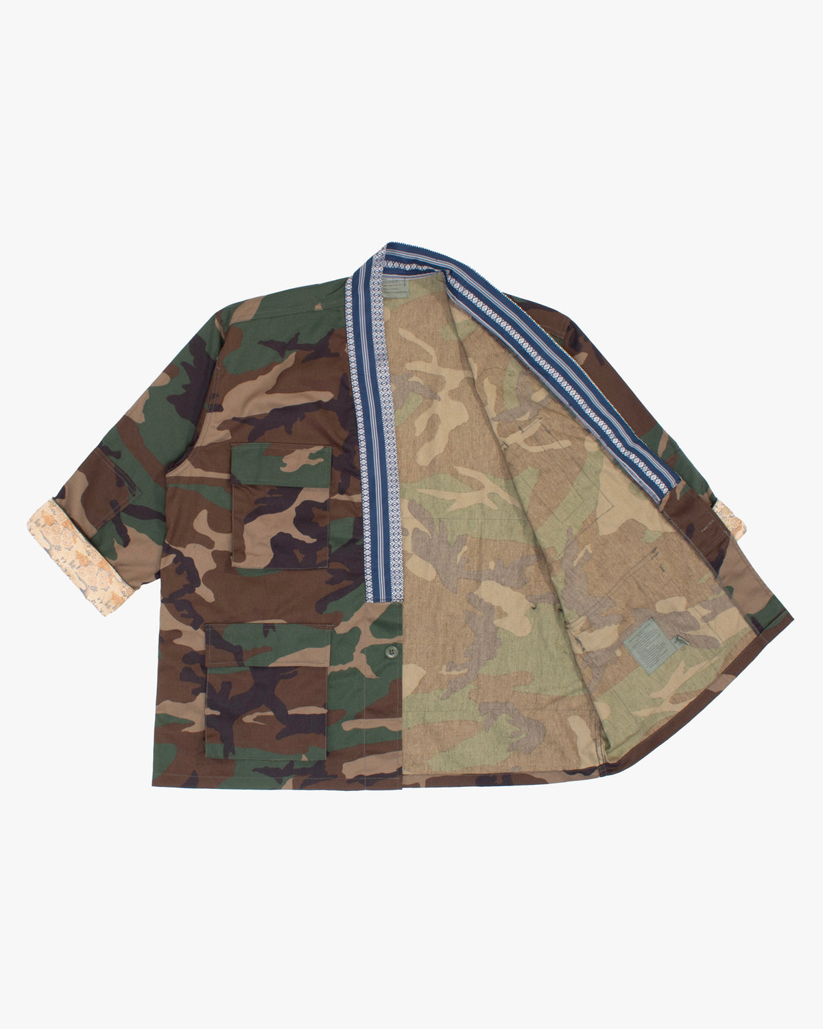 Kiriko Custom Military Jacket, Camo Patched, Blue Trim