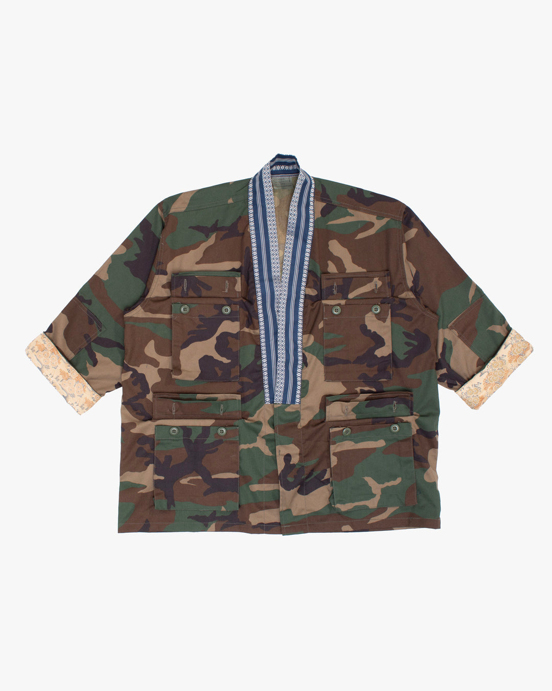 Kiriko Custom Military Jacket, Camo Patched, Blue Trim