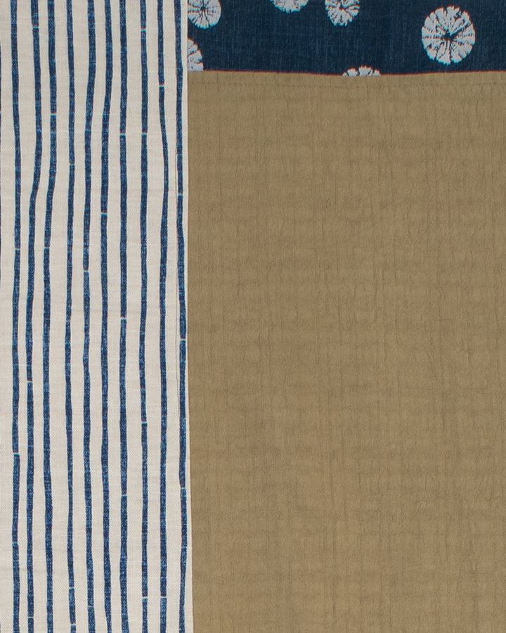 Kiriko Original Modern Patchwork Scarf, Sage and Gold with Indigo Kumo Shibori
