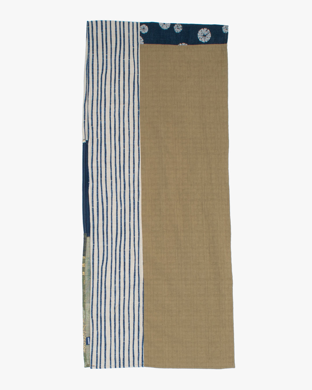 Kiriko Original Modern Patchwork Scarf, Sage and Gold with Indigo Kumo Shibori