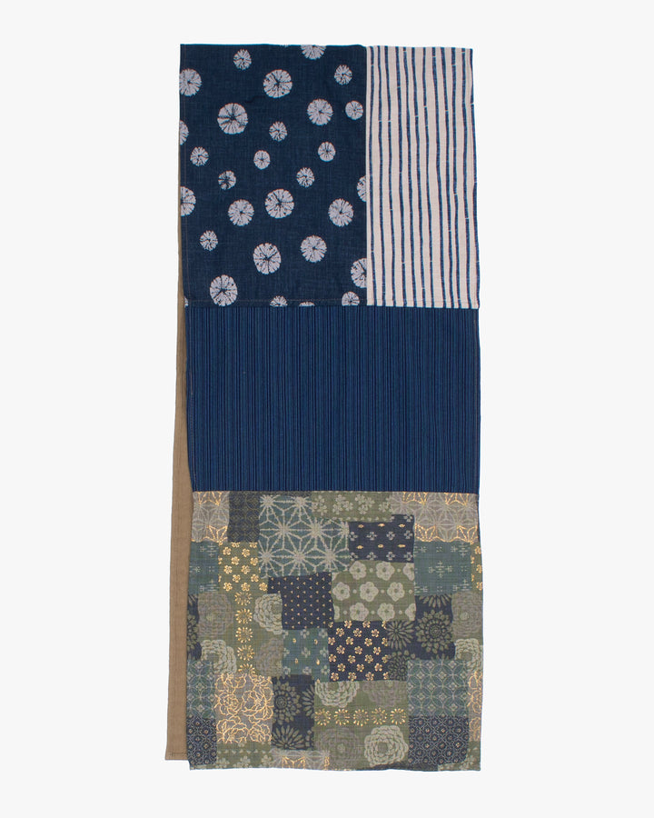 Kiriko Original Modern Patchwork Scarf, Sage and Gold with Indigo Kumo Shibori