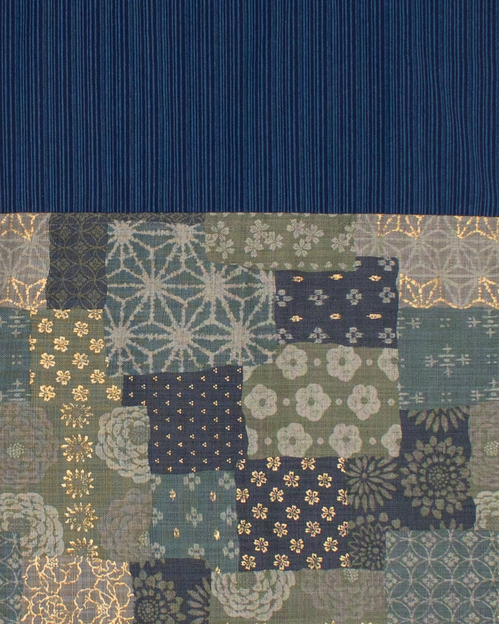 Kiriko Original Modern Patchwork Scarf, Sage and Gold with Indigo Kumo Shibori
