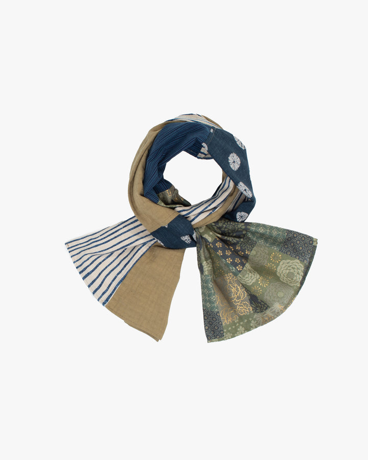 Kiriko Original Modern Patchwork Scarf, Sage and Gold with Indigo Kumo Shibori