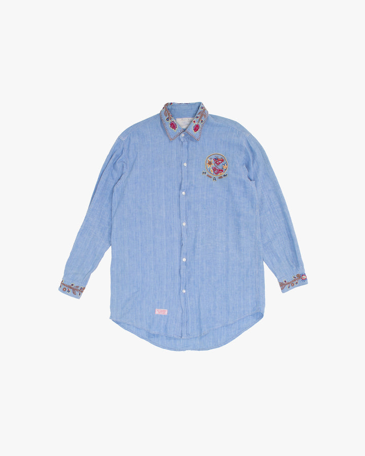 Japanese Repro Long-Sleeve Shirt, L, Hollywood Ranch Market, Blue with Embroidery Details