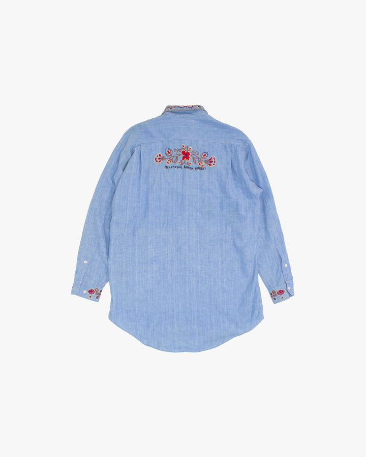 Japanese Repro Long-Sleeve Shirt, L, Hollywood Ranch Market, Blue with Embroidery Details