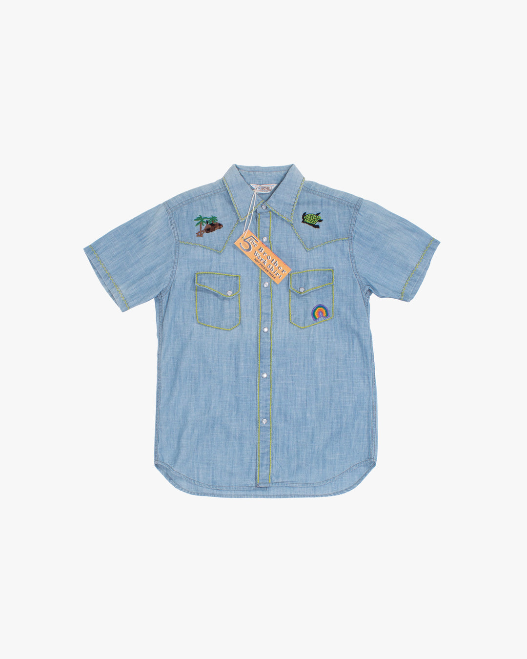 Japanese Repro Short-Sleeve Shirt, M, Five Brother, Chambray with Embroidery Details