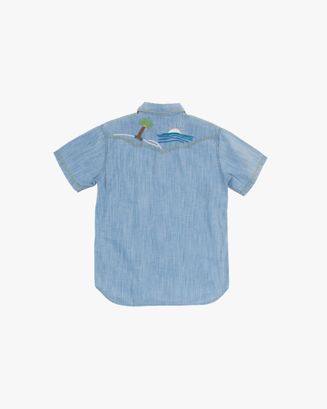 Japanese Repro Short-Sleeve Shirt, M, Five Brother, Chambray with Embroidery Details