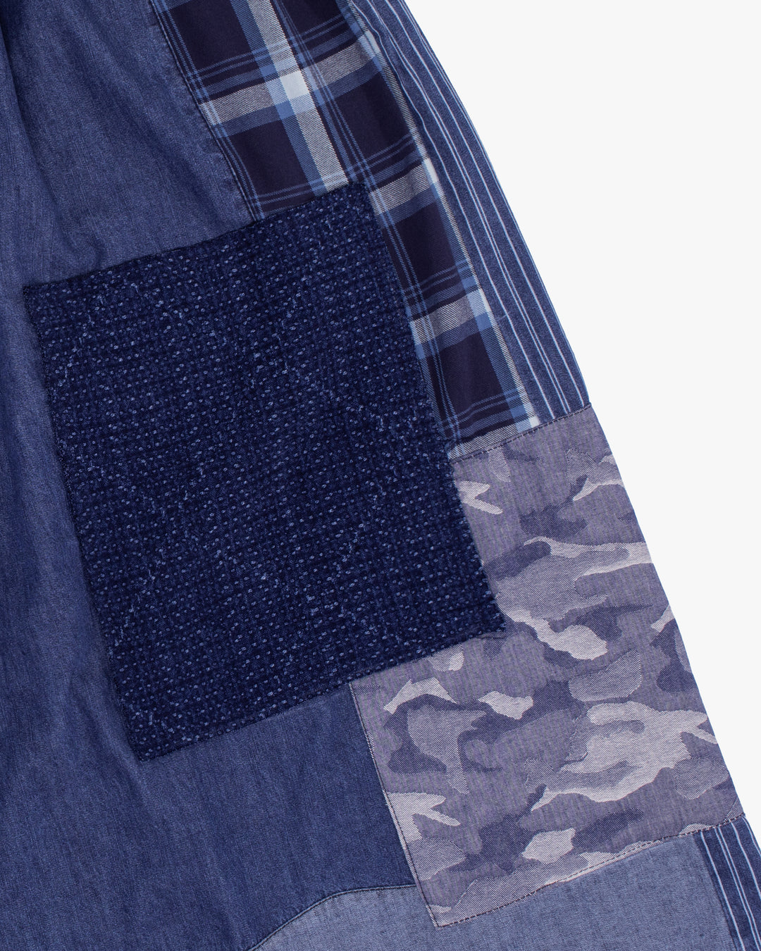 Kiriko Custom Wide Leg Pants, Washed Indigo Patched, Blue Camo