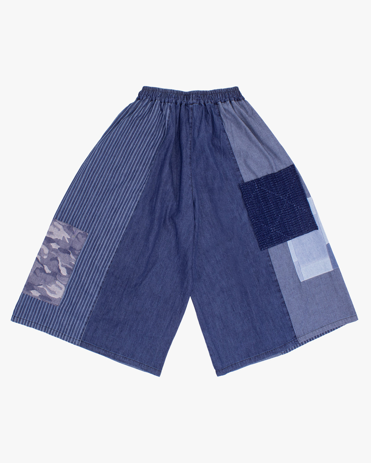 Kiriko Custom Wide Leg Pants, Washed Indigo Patched, Blue Camo