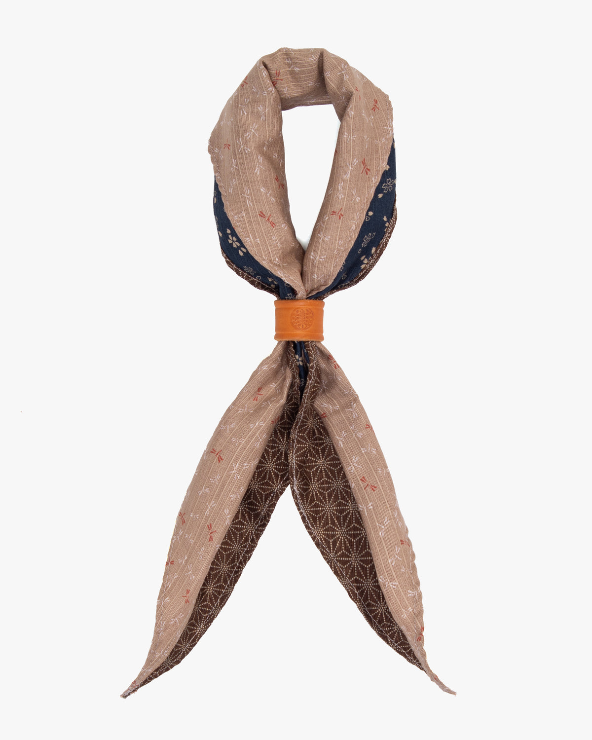 Kiriko Original Split Neckerchief, Beige Tonbo and Brown Dotted Asanoha