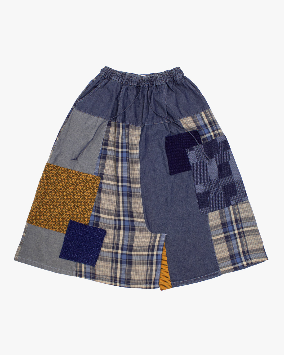 Kiriko Custom Skirt, Washed Indigo Patched with Sashiori, Sashiko, and Plaid