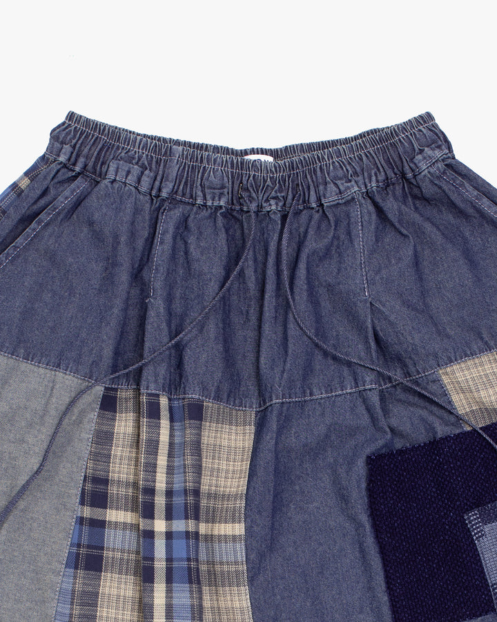 Kiriko Custom Skirt, Washed Indigo Patched with Sashiori, Sashiko, and Plaid