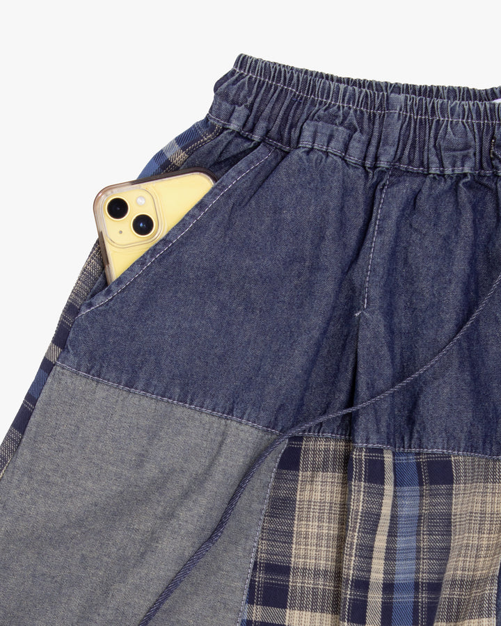 Kiriko Custom Skirt, Washed Indigo Patched with Sashiori, Sashiko, and Plaid