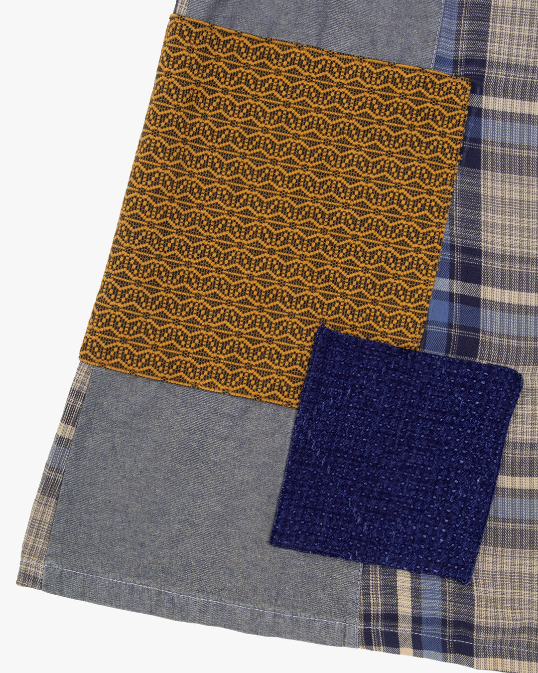 Kiriko Custom Skirt, Washed Indigo Patched with Sashiori, Sashiko, and Plaid