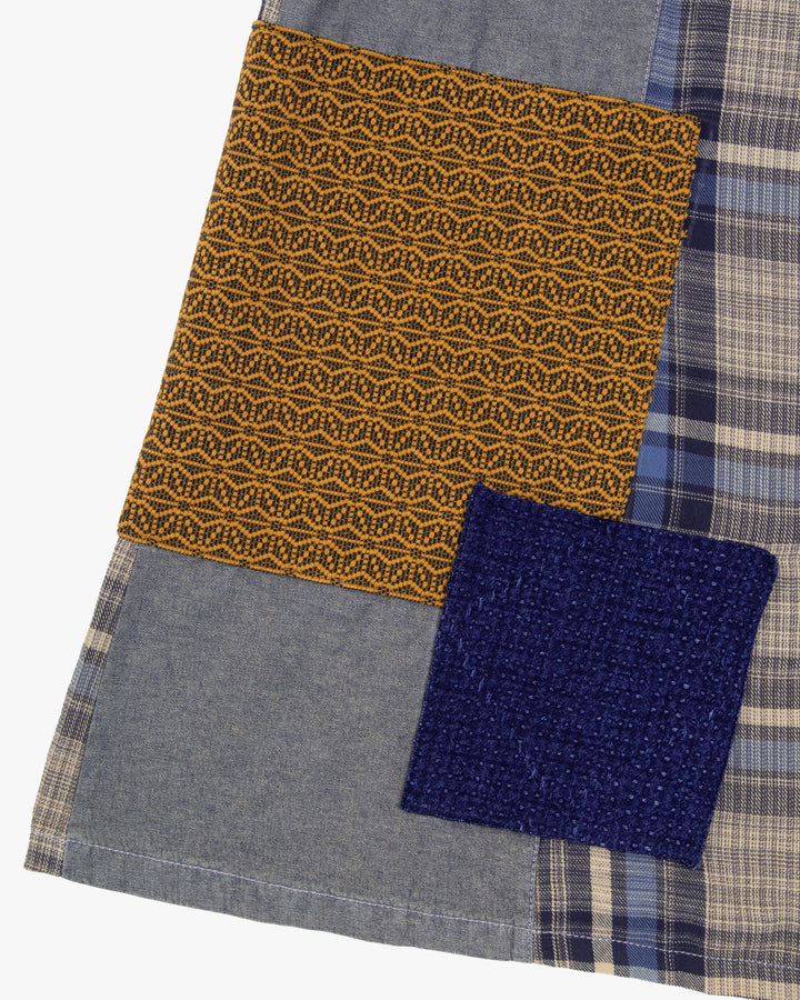 Kiriko Custom Skirt, Washed Indigo Patched with Sashiori, Sashiko, and Plaid