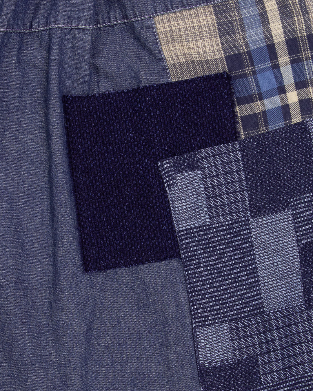 Kiriko Custom Skirt, Washed Indigo Patched with Sashiori, Sashiko, and Plaid
