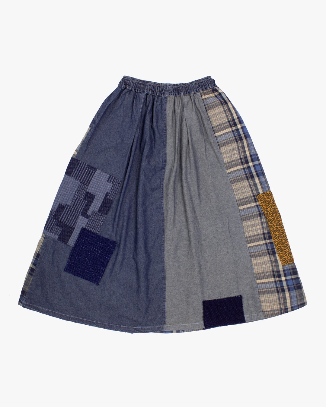 Kiriko Custom Skirt, Washed Indigo Patched with Sashiori, Sashiko, and Plaid