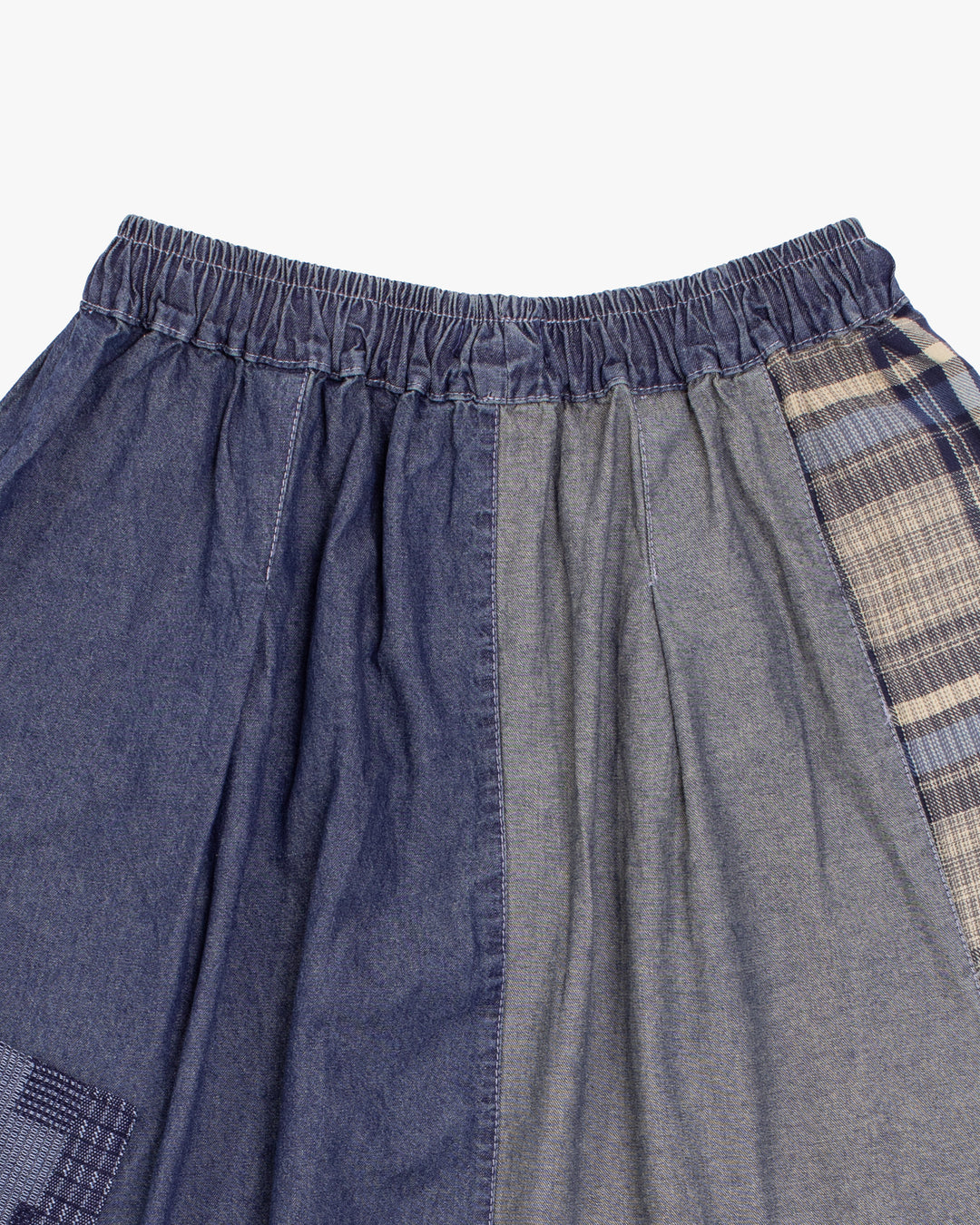 Kiriko Custom Skirt, Washed Indigo Patched with Sashiori, Sashiko, and Plaid