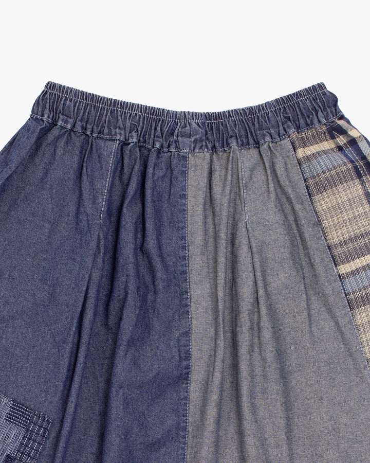 Kiriko Custom Skirt, Washed Indigo Patched with Sashiori, Sashiko, and Plaid