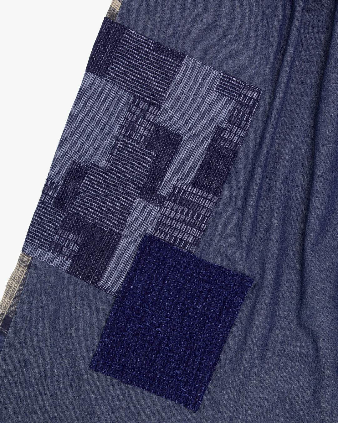 Kiriko Custom Skirt, Washed Indigo Patched with Sashiori, Sashiko, and Plaid