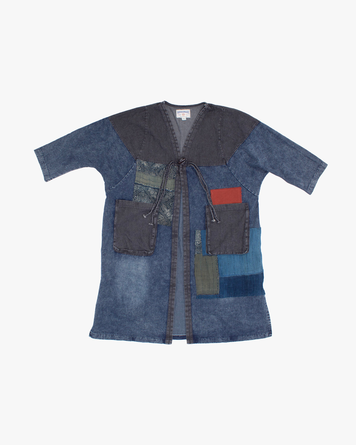 Kiriko Custom, Long Robe, Faded Indigo and Charcoal Denim, Patched with Boro and Sashi-Ori - A