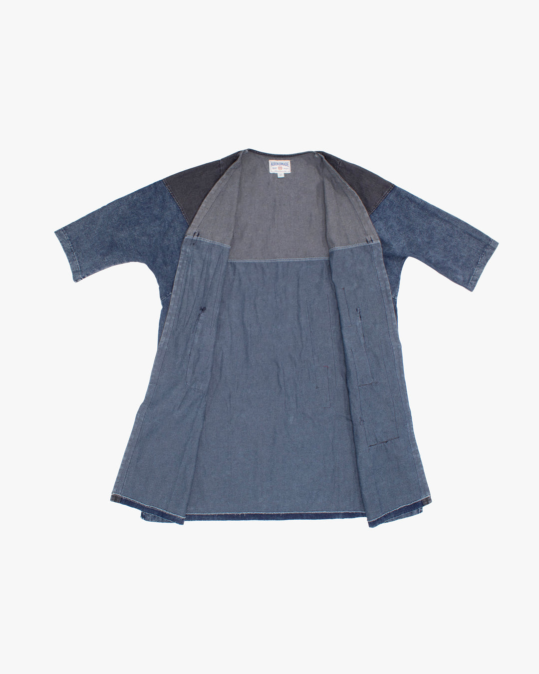 Kiriko Custom, Long Robe, Faded Indigo and Charcoal Denim, Patched with Boro and Sashi-Ori - A