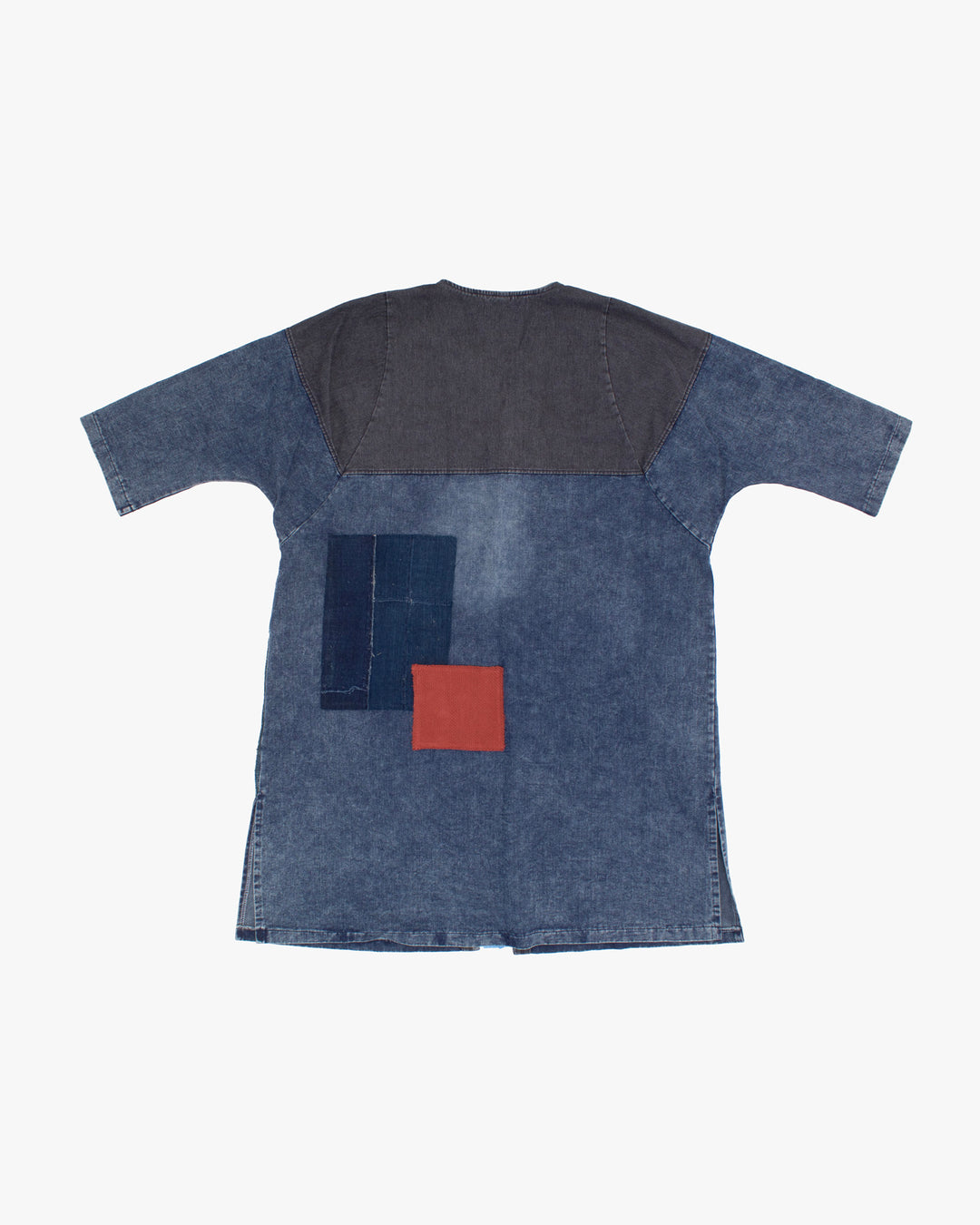Kiriko Custom, Long Robe, Faded Indigo and Charcoal Denim, Patched with Boro and Sashi-Ori - A